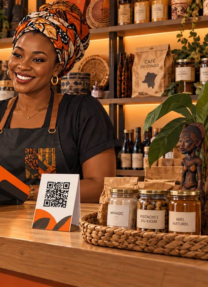 Une commerçante derrière son comptoir, à côté d’un chevalet portant un QR code de paiement.