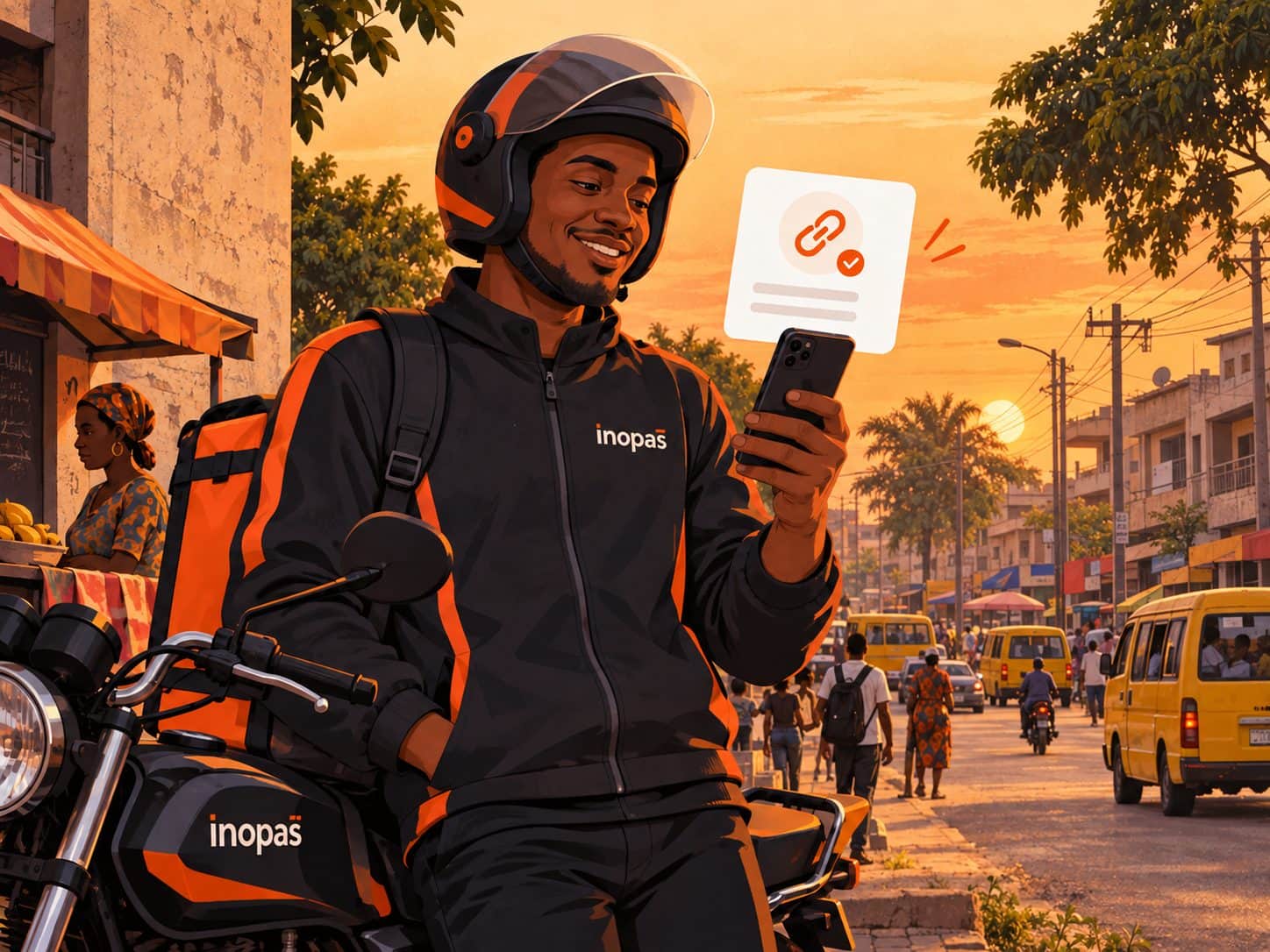 Un livreur à moto consulte sur son téléphone la confirmation d’un paiement par lien.