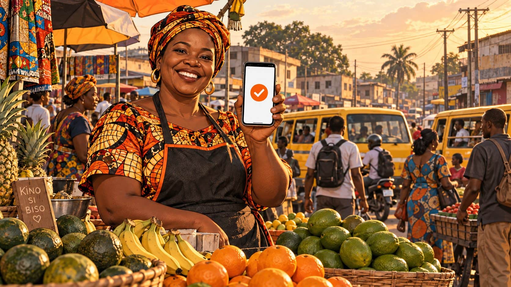 Une vendeuse de fruits au marché montre son téléphone, qui affiche un paiement confirmé.